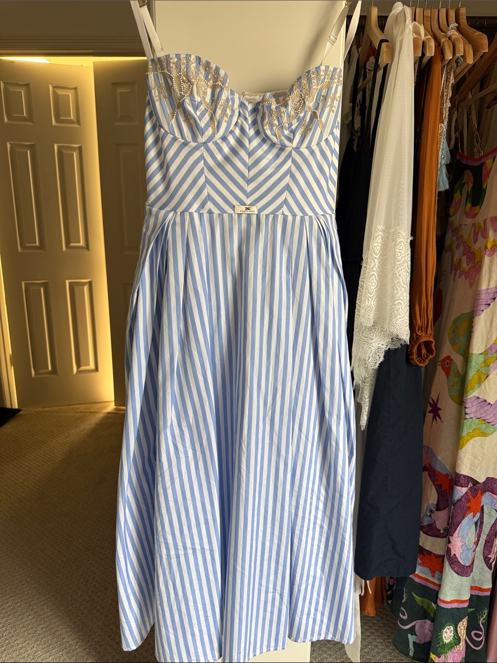 Blue and White Striped Midi Dress with Sweetheart Bodice